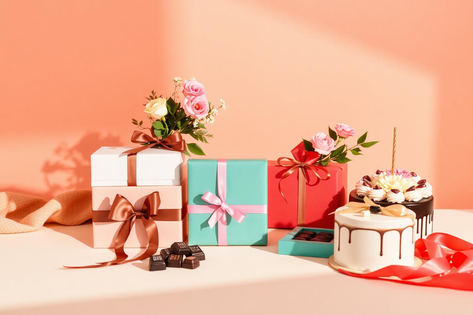 Beautifully wrapped gifts, flowers, cake and chocolates